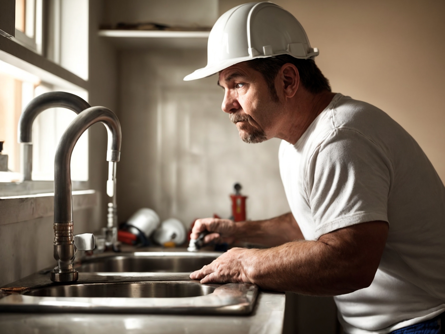 Professional plumber inspecting residential sink plumbing while a homeowner observes